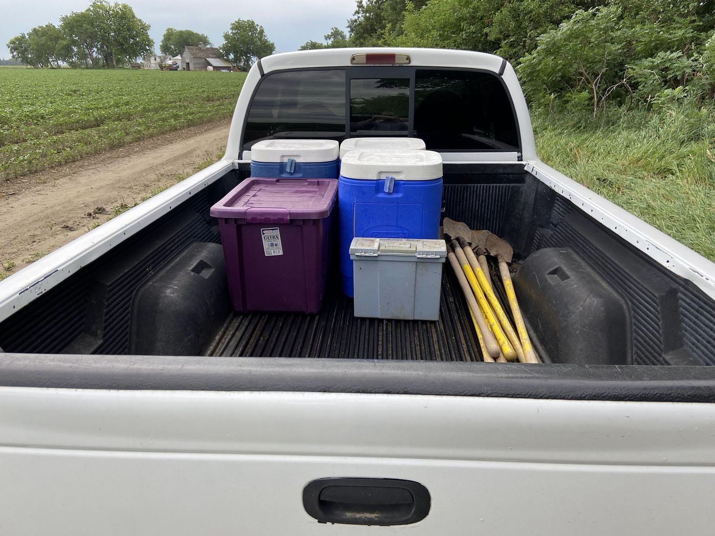 A pickup bed loaded with coolers and field supplies